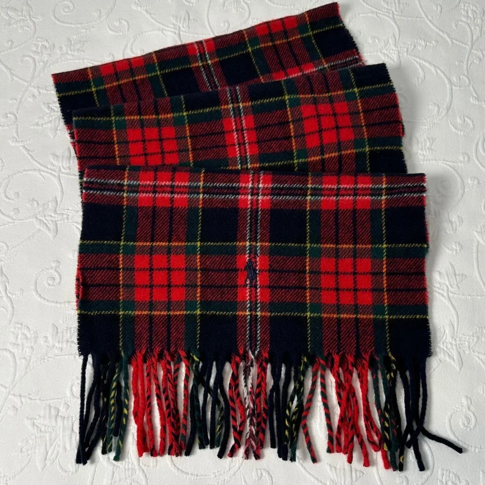 Vintage 90s Polo Ralph Lauren Red Plaid Tartan Lambswool Scarf Academic Preppy